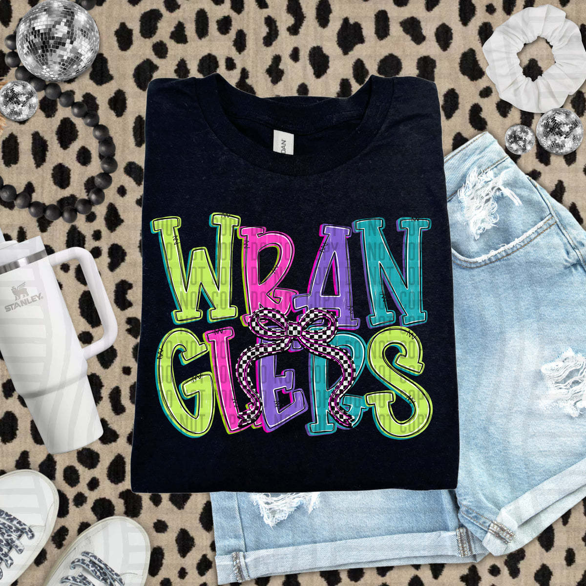 Wranglers stacked neon colors with checkered bow (caplinger) DTF Transfer