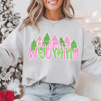 Christmas In Wyoming Green Pink White Outline 74378 DTF Transfer