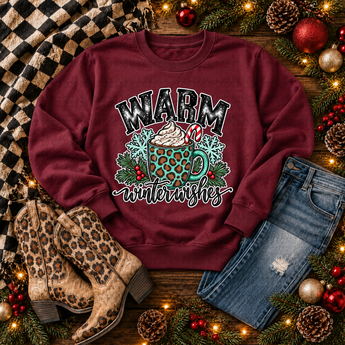 Warm Winter Wishes- Teal leopard mug with candy cane (Revel) DTF Transfer