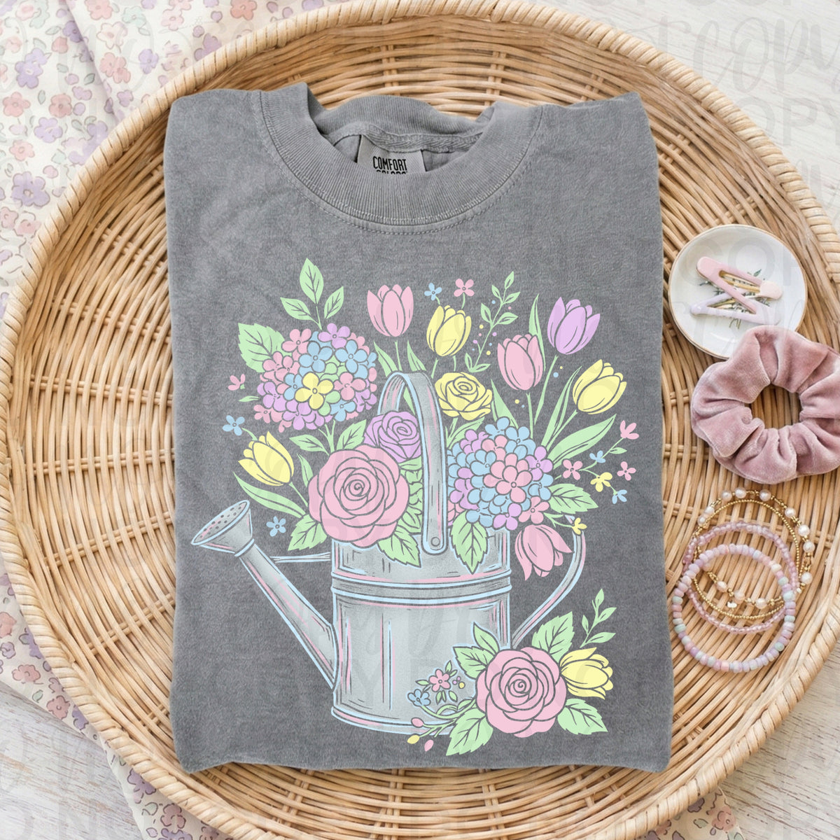 Watering can with pink and yellow florals (UAC) DTF Transfer