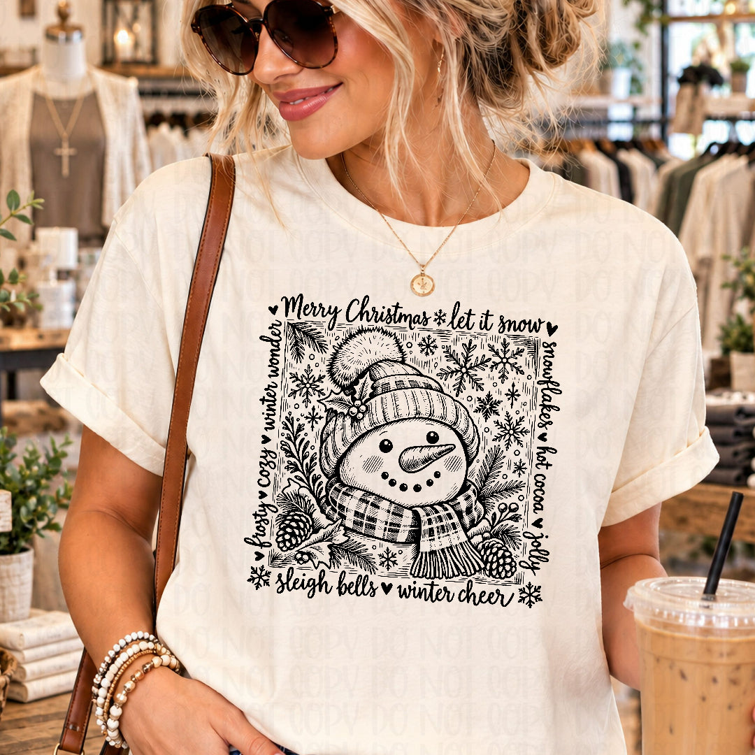 Sleigh bells and winter cheer snowman BLACK (Texas Gal) DTF Transfer