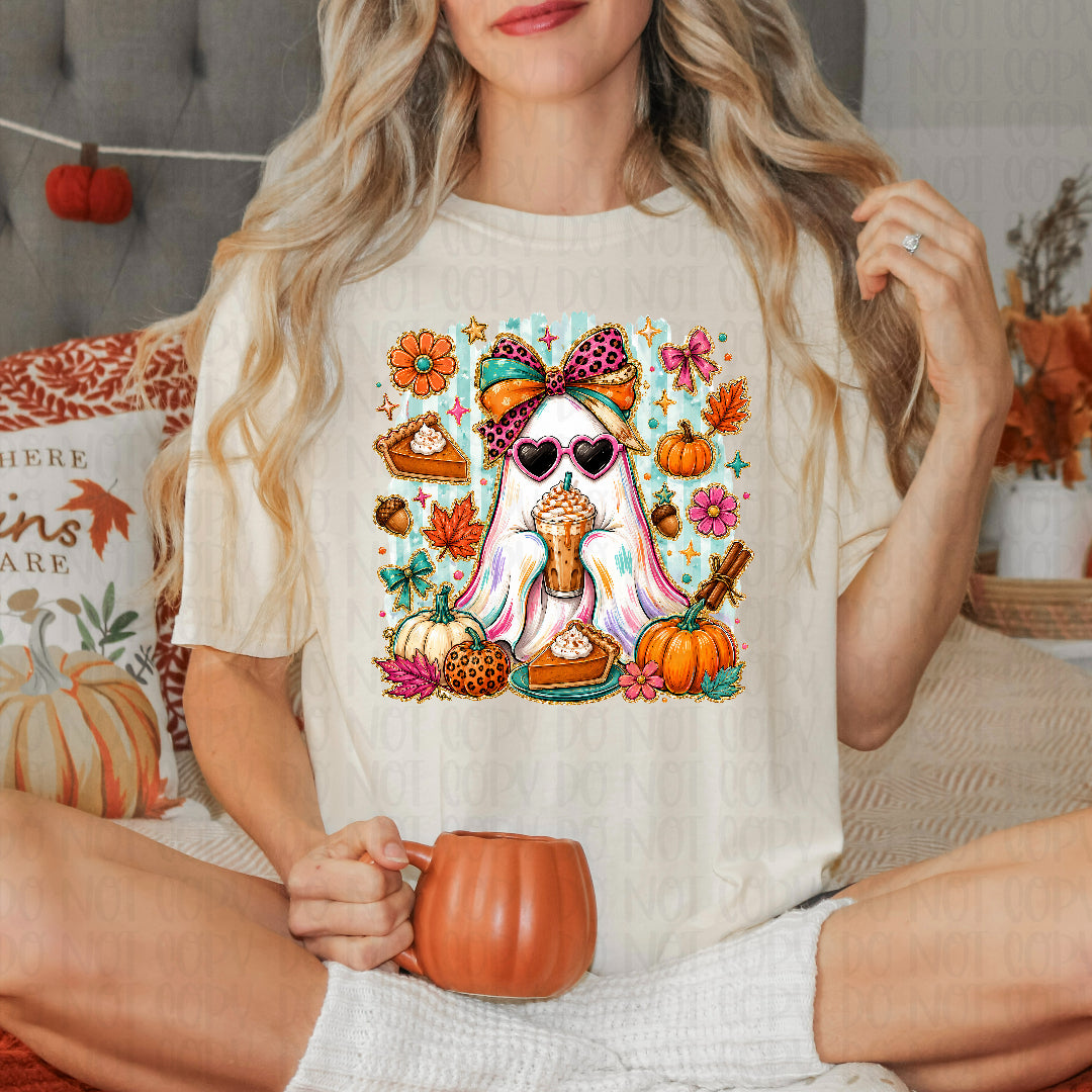 Ghost colorful bow with coffee DTF Transfer