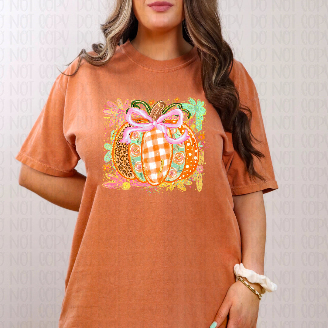 Patterned pumpkin pink bow (SSD) DTF Transfer