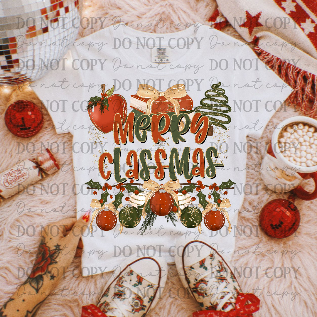 Merry Classmass with apple book and tree (Caplinger) DTF Transfer