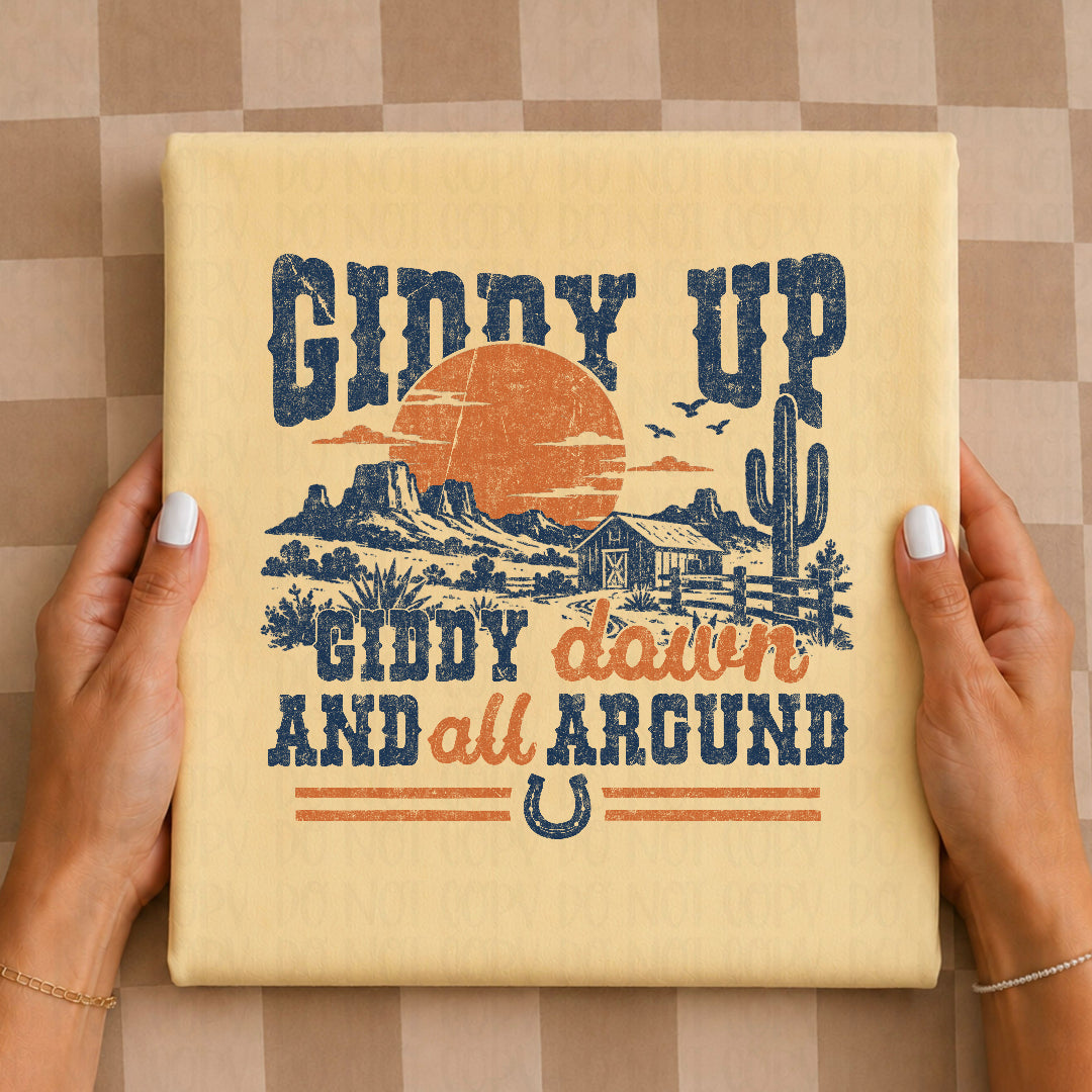 Giddy up giddy down and all argund navy and orange (Scarlow) DTF Transfer