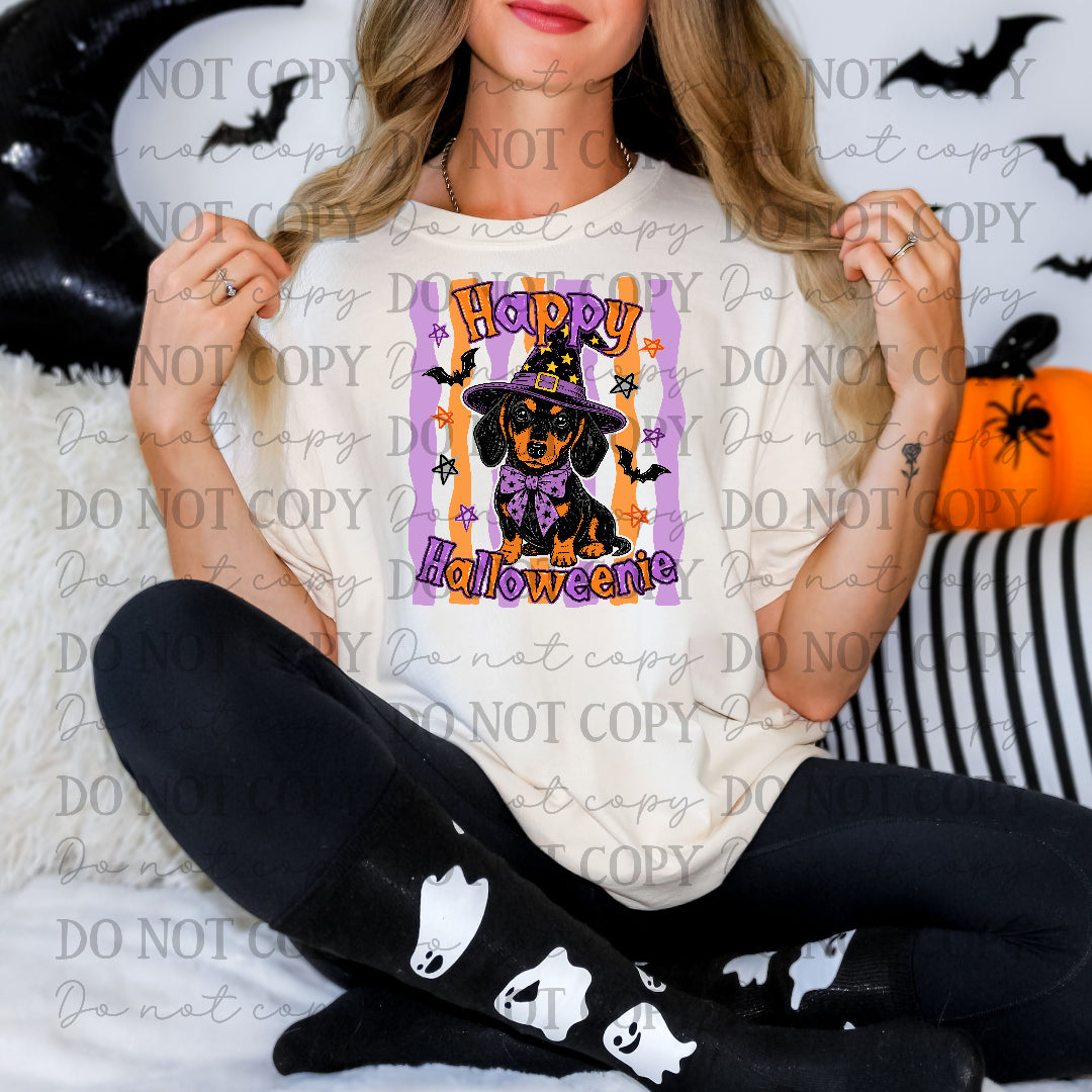 Happy Halloweenie Dog with purple and orange strips (UAC) DTF Transfer
