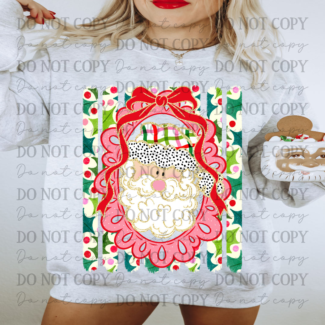 Santa (light tone) in red frame WITH RED BOW/ green striped background (Carter) DTF Transfer