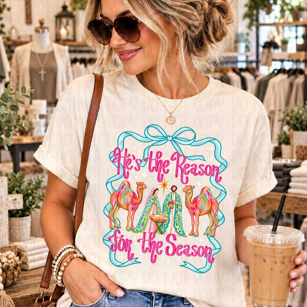 He's the reason for the season wise men and camels PASTEL BLUE bow (Crafti) DTF Transfer
