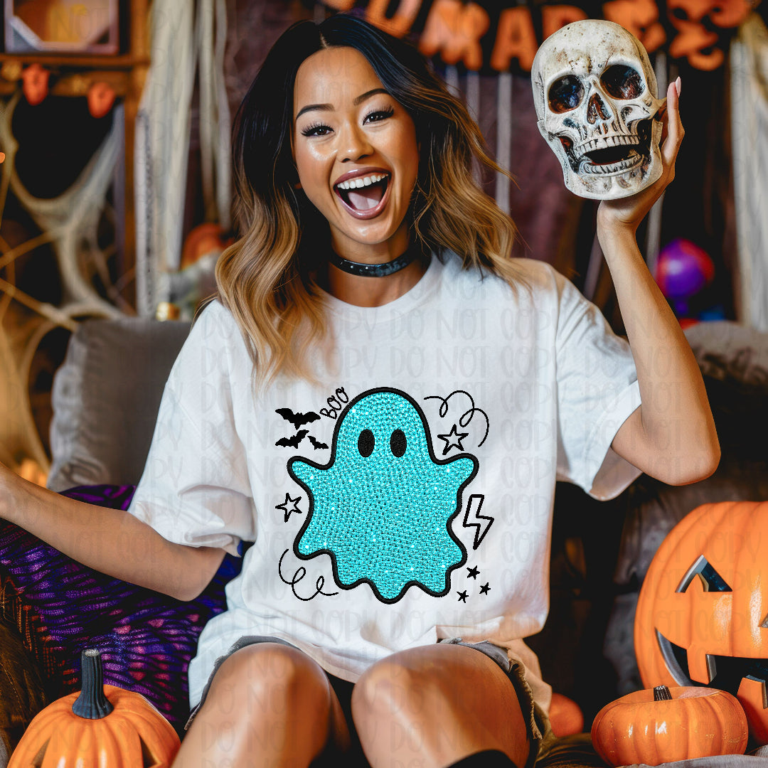 Boo blue rhinestone ghost (Texan) DTF Transfer