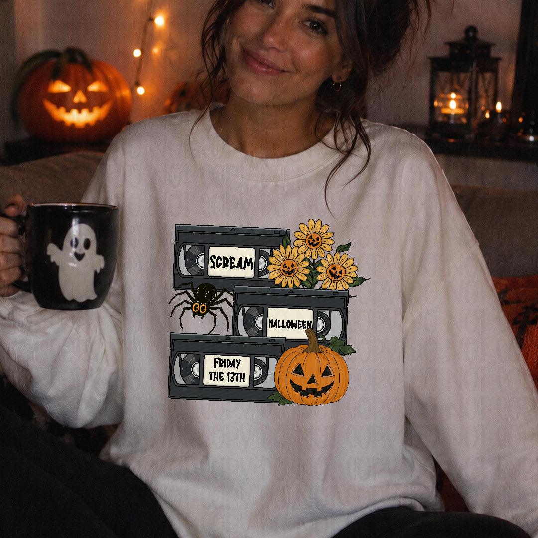 Horror VHS trio stacked pumpkin flowers and spider (Ink) DTF Transfer