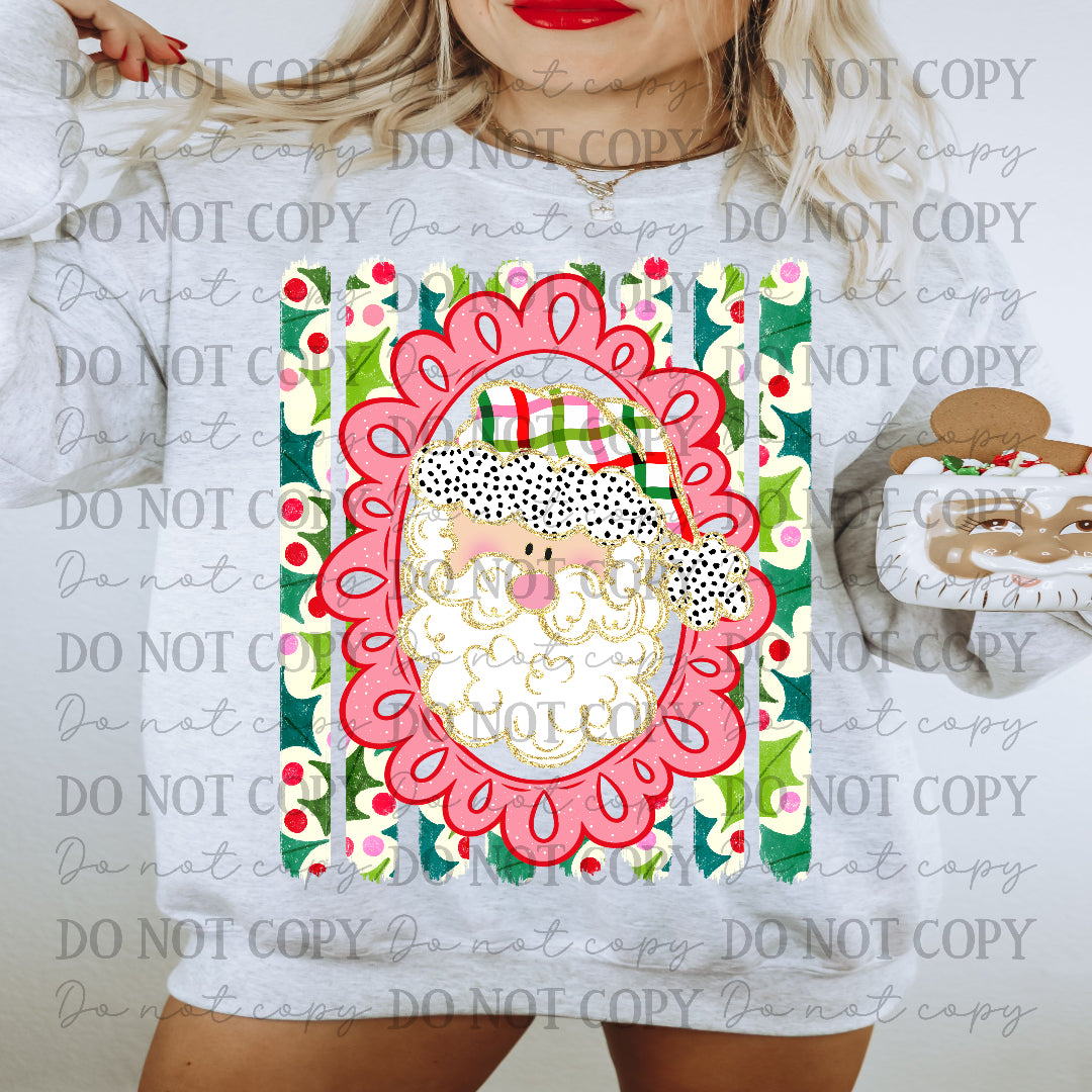 Santa (light tone) in red frame with green striped background (Carter) DTF Transfer