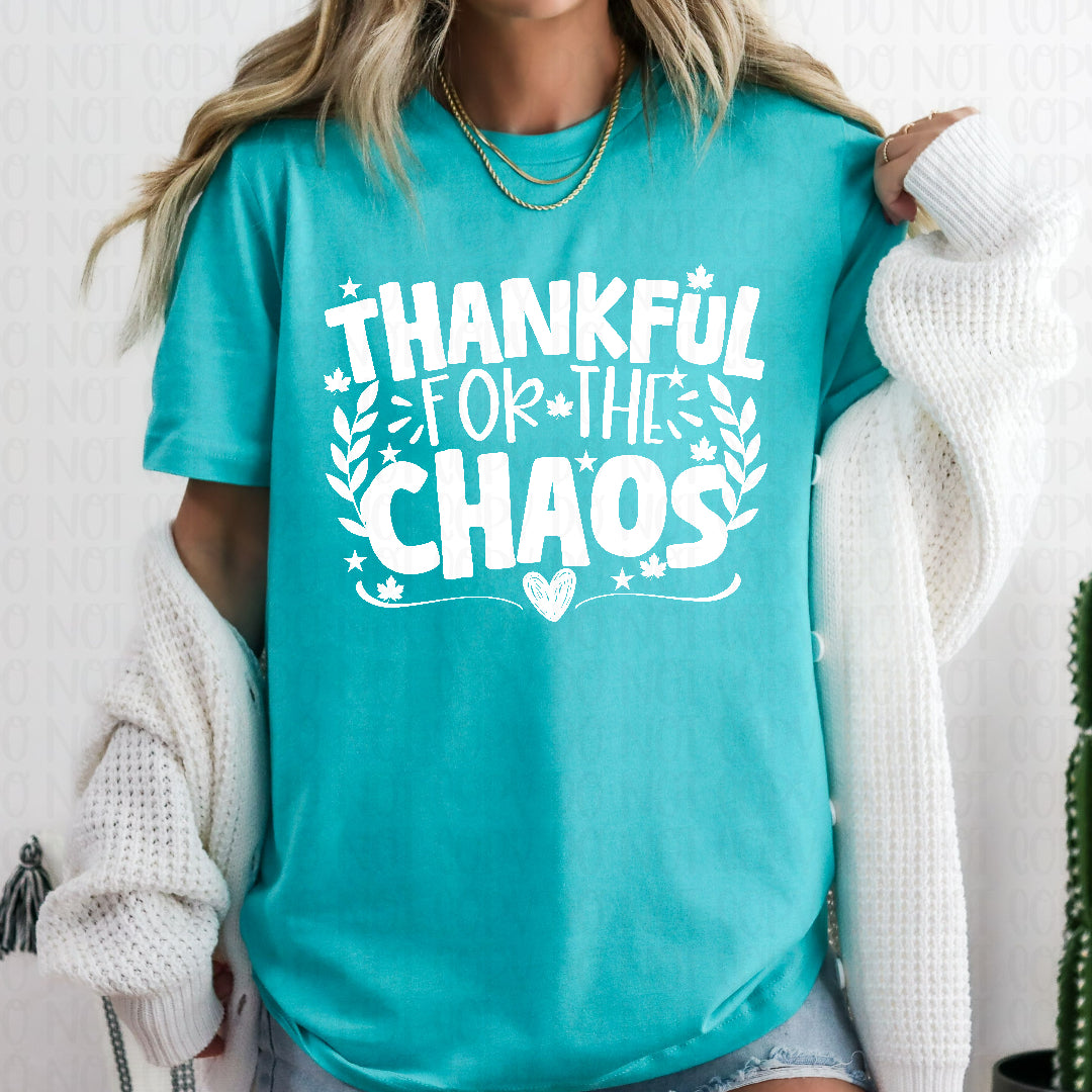 Thankful for chaos with hearts and stars WHITE (Texan) DTF transfer