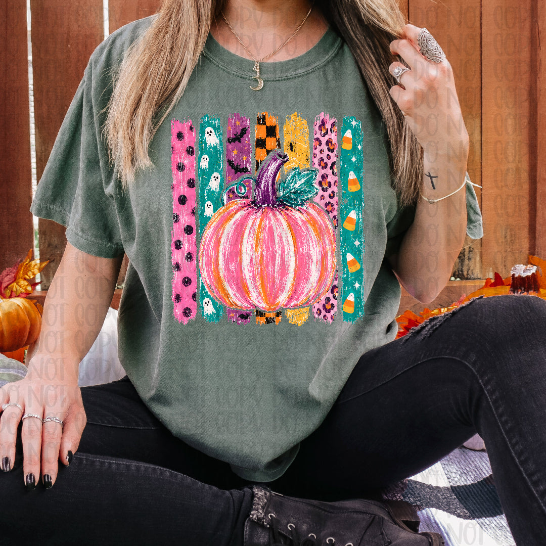 Pink brushstroke pumpkin multi patterned stripes (Texas Gal) DTF transfer