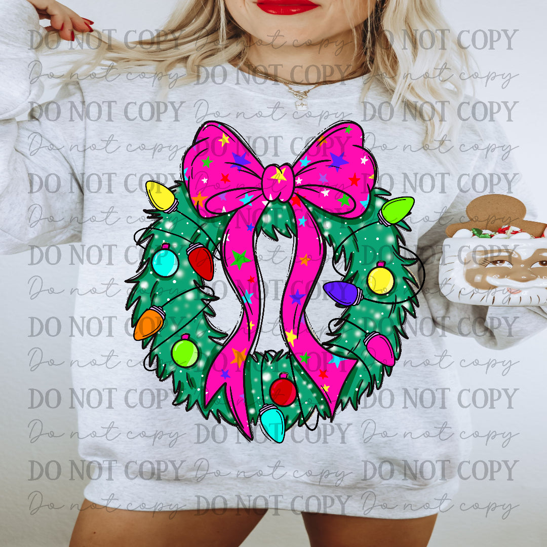 Christmas Wreath with large pink and lights (Carter) DTF Transfer