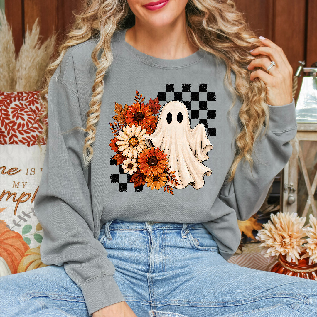 Ghost orange sunflowers BLACK checkers DTF Transfer