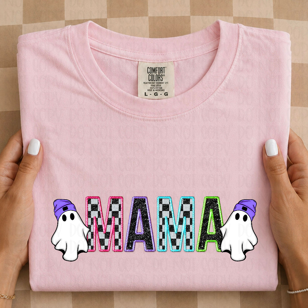 Mama checkered filled colorful outline with ghost (Texan) DTF Transfer