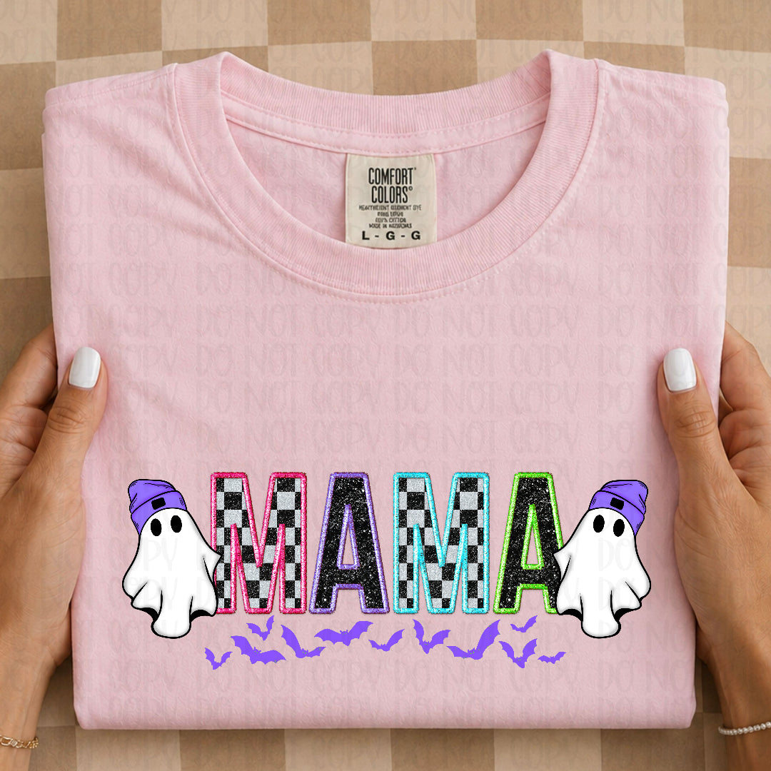 Mama checkered filled colorful outline with ghost and bats (Texan) DTF Transfer