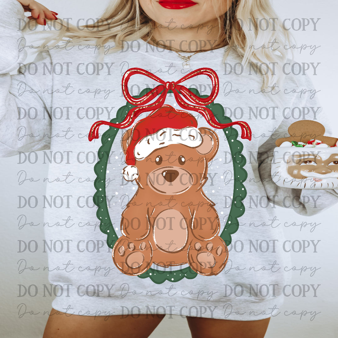 Christmas bear in green oval frame with red bow (Carter) DTF Transfer