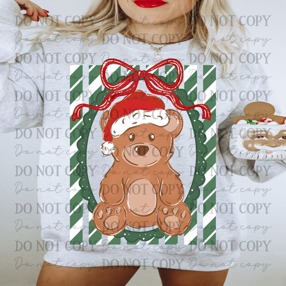 Christmas bear in green oval frame GREEN/WHITE STRIP BACKGROUND (Carter) DTF Transfer