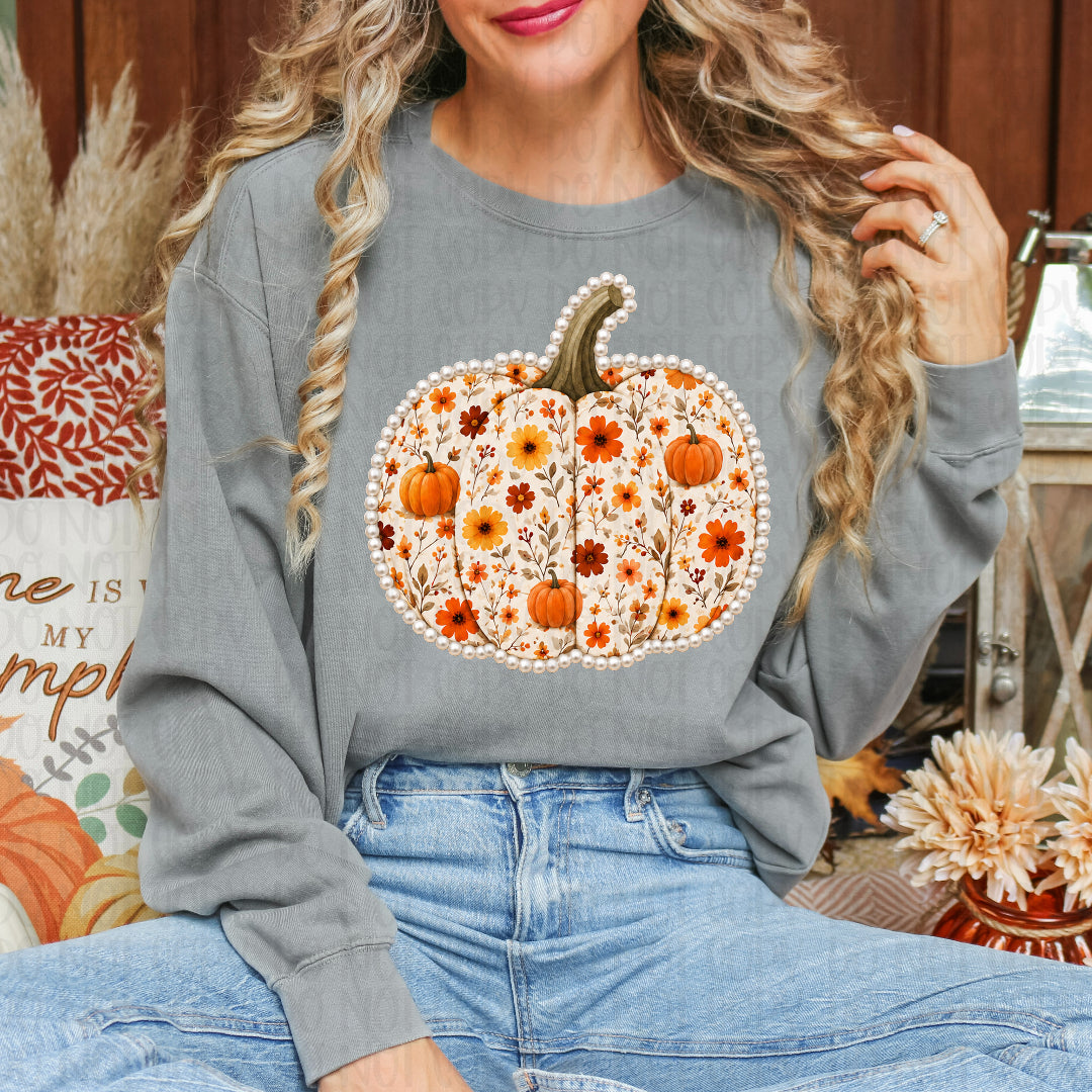 Pumpkin floral filled faux pearl outline DTF Transfer