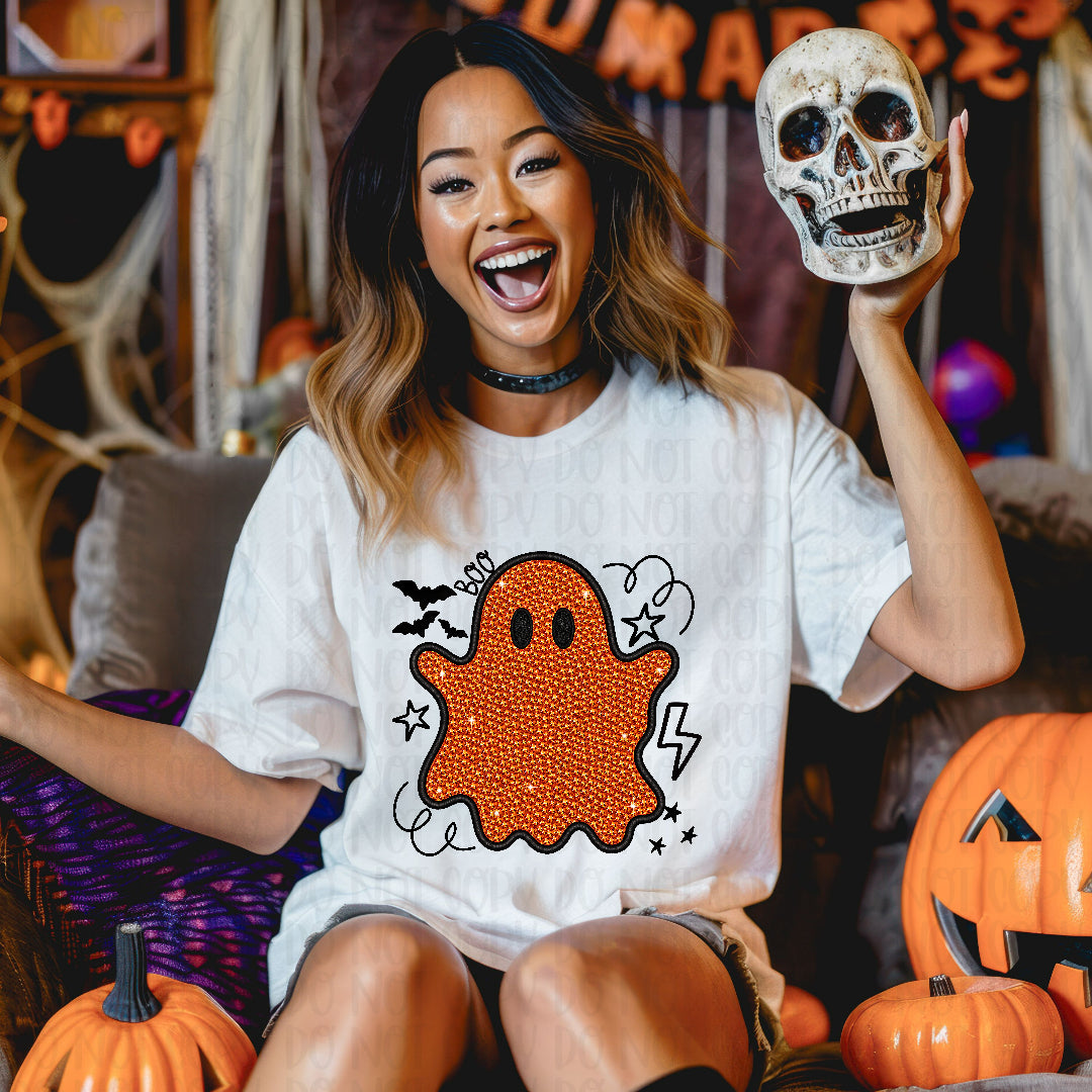 Boo orange rhinestone ghost (Texan) DTF Transfer