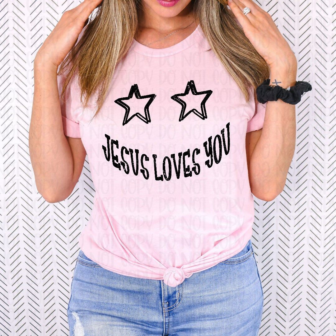 Jesus loves you smiley with star eyes (Scarlow) DTF Transfer