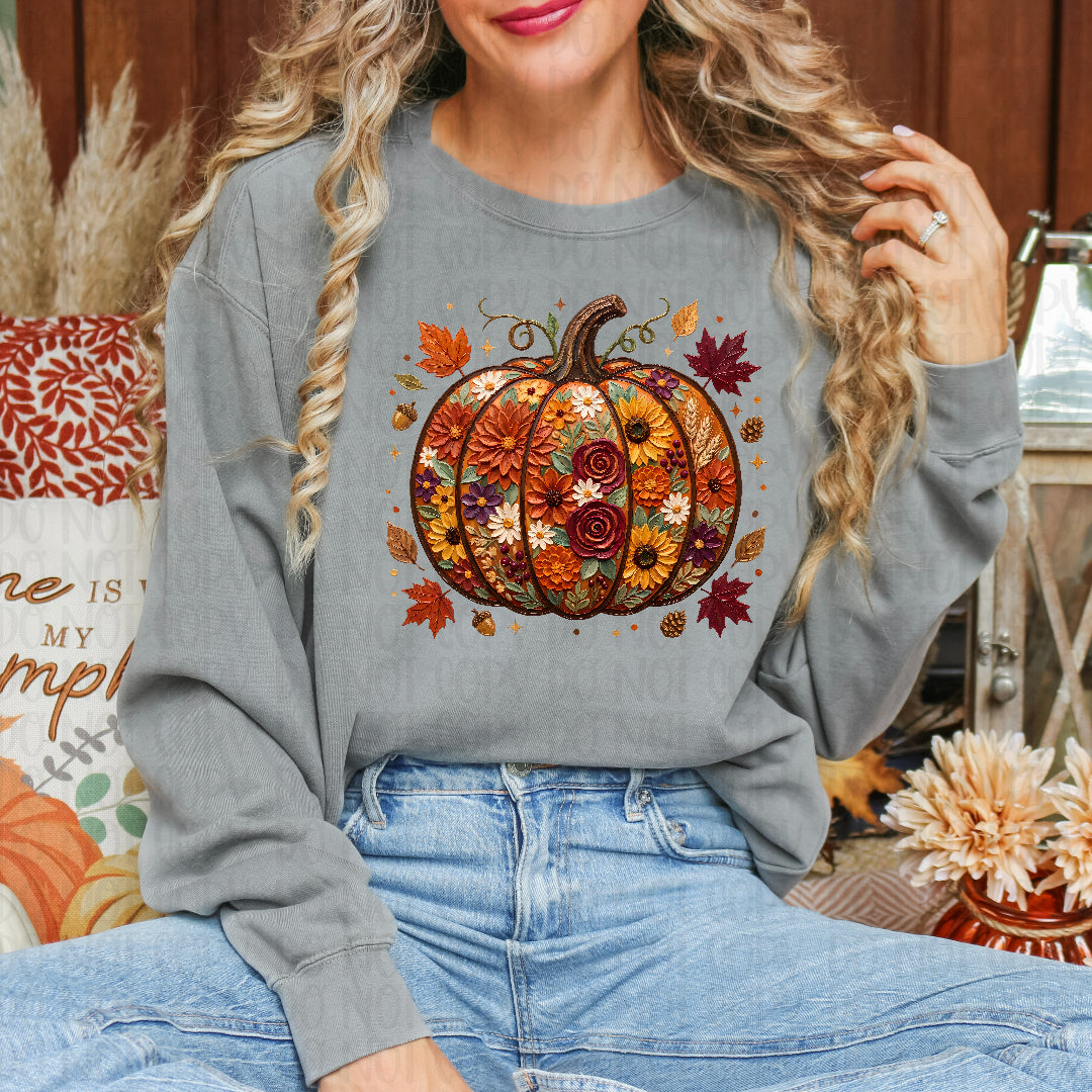 Pumpkin floral filled faux yarn DTF Transfer