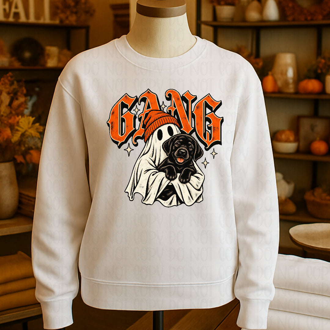 Gang ghost holding black lab (Mayhem) DTF transfer