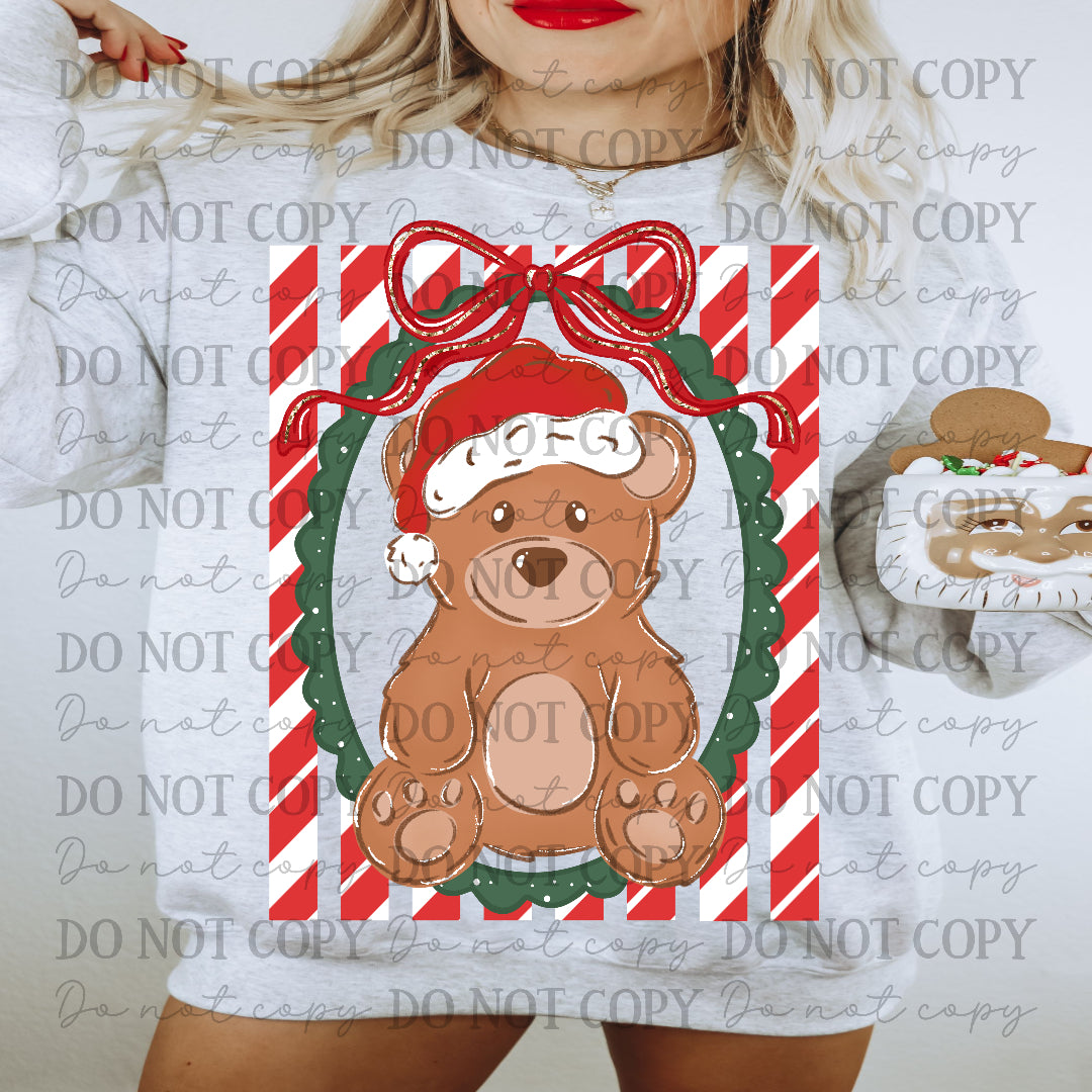 Christmas bear in green oval frame CANDY CANE STRIP BACKGROUND (Carter) DTF Transfer