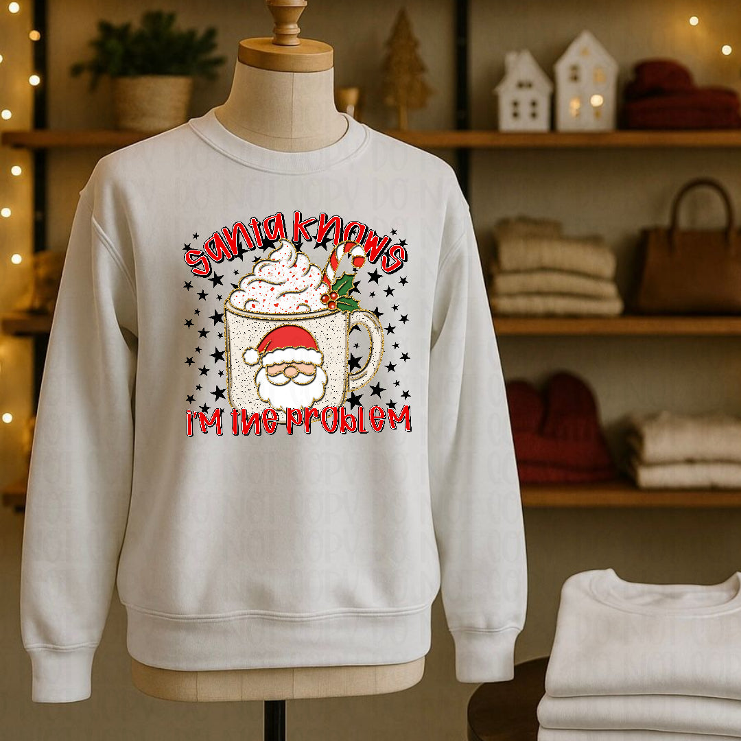 Santa knows I'm the problem coffee with whipped cream (Texan) DTF Transfer