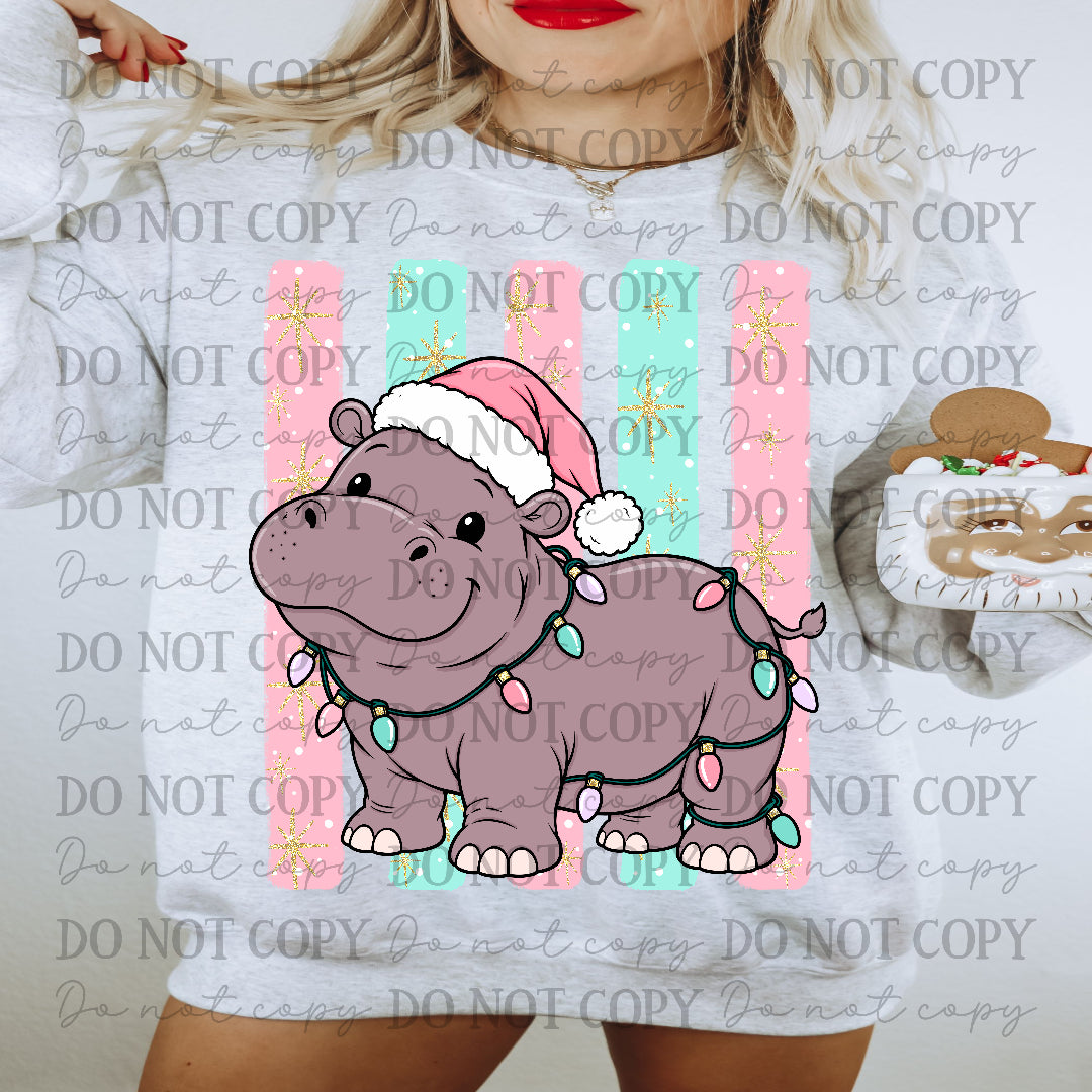 Christmas hippo with pastel pink and teal strip background (Carter) DTF Transfer