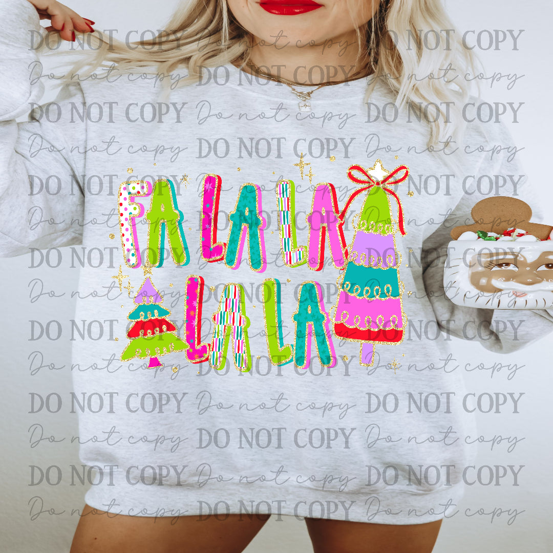 Fa La La -bright color font- with trees (Carter) DTF Transfer