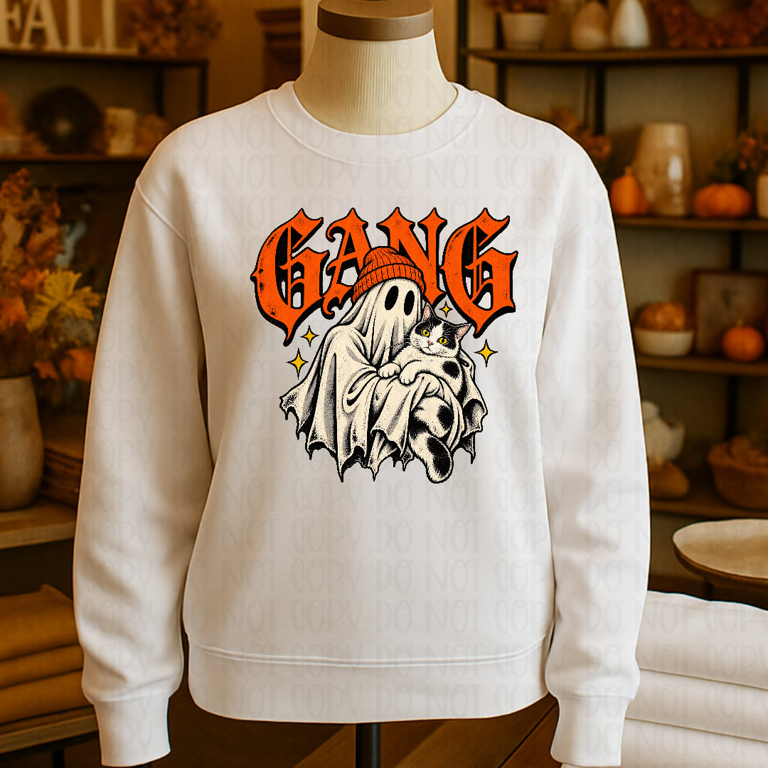 Gang ghost holding black and white cat (Mayhem) DTF transfer