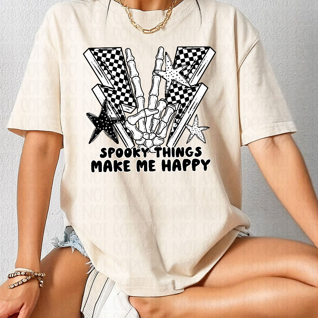 Spooky things make me happy peace skeleton hands and checkered lighting bolts (CST) DTF Transfer