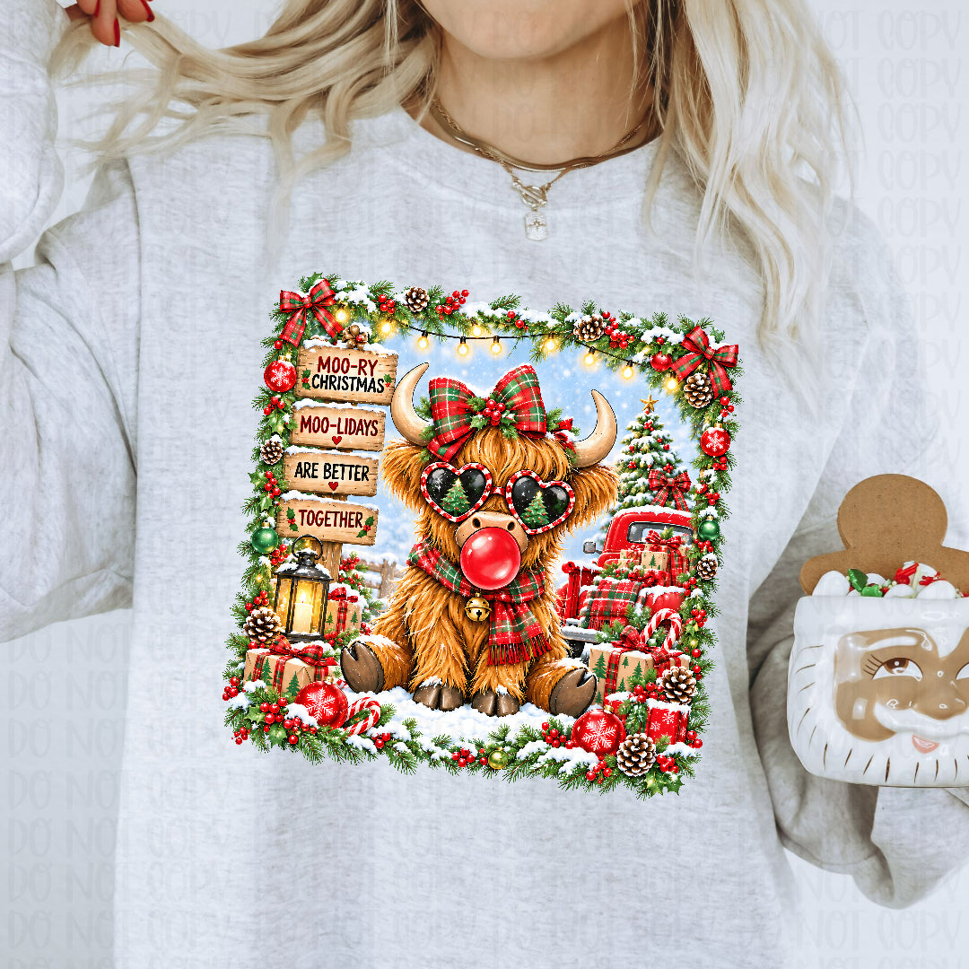 Moo-ry Christmas highland cow plaid bow Sunday Special DTF transfer