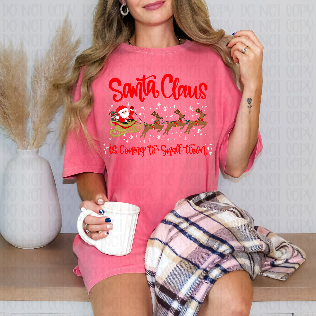Santa claus is coming to town red font with sleigh Sunday Special DTF Transfer