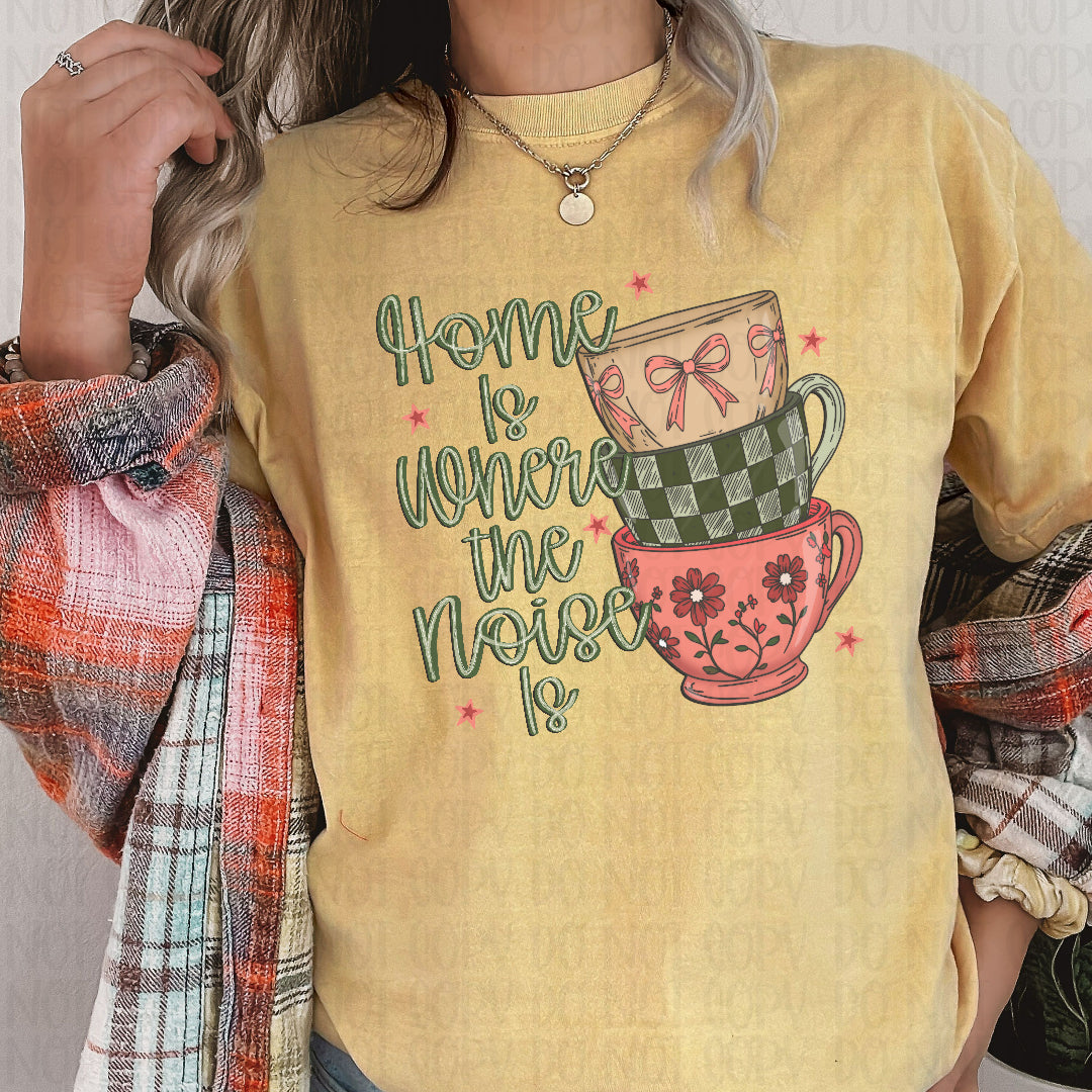Home is where the noise is coffee cups stacked (JBD) DTF transfer