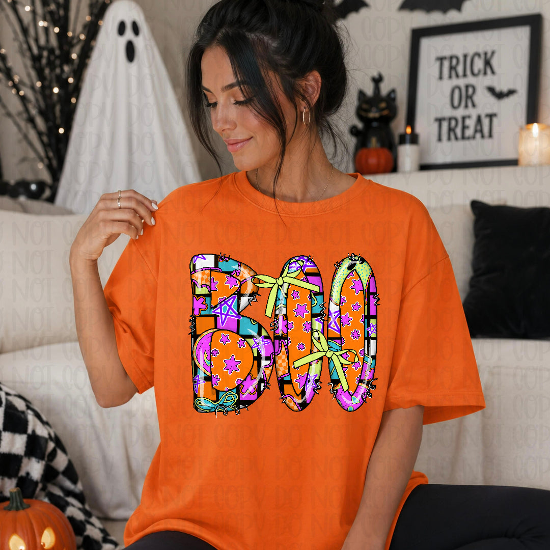 Boo faux patchwork filled green bow (C's) DTF Transfer
