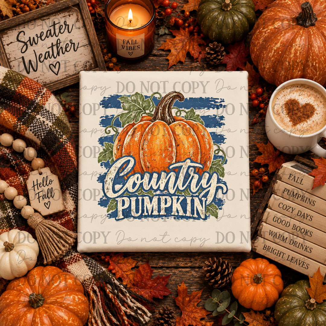 Country Pumpkin- Blue stripe background (Texas Gal) DTF Transfer