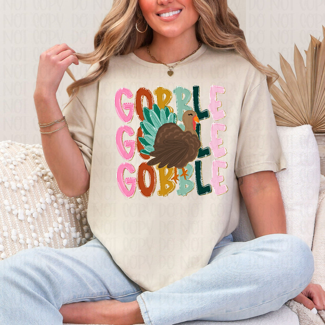 Gobble trio stacked with turkey faux glitter outline DTF transfer