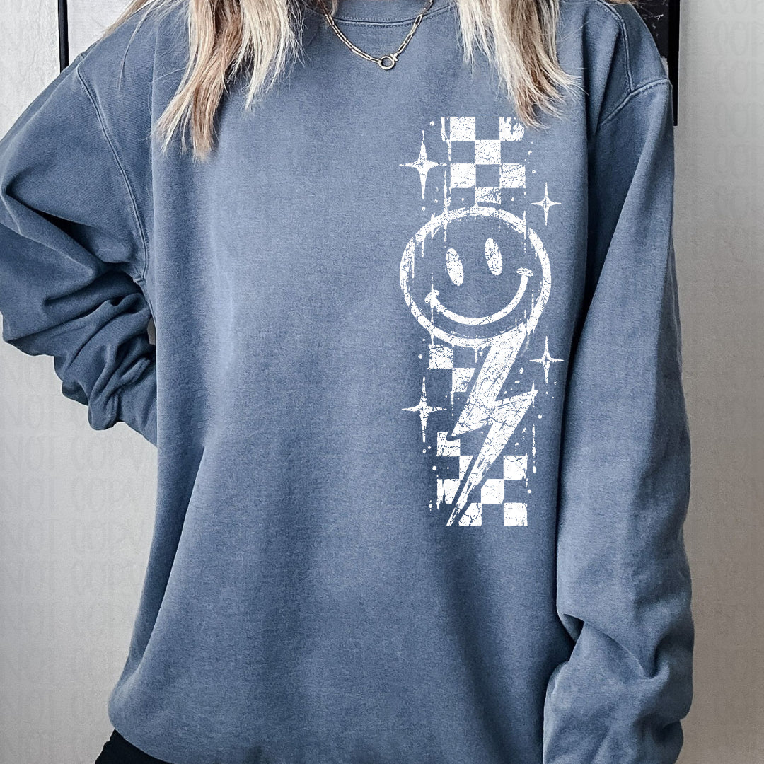 Smily lightning bolt stars and checkered side piece grungy white (Scarlow) DTF Transfer