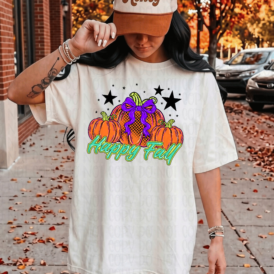 Happy fall pumpkin trio purple bow and black stars (CST) DTF transfer
