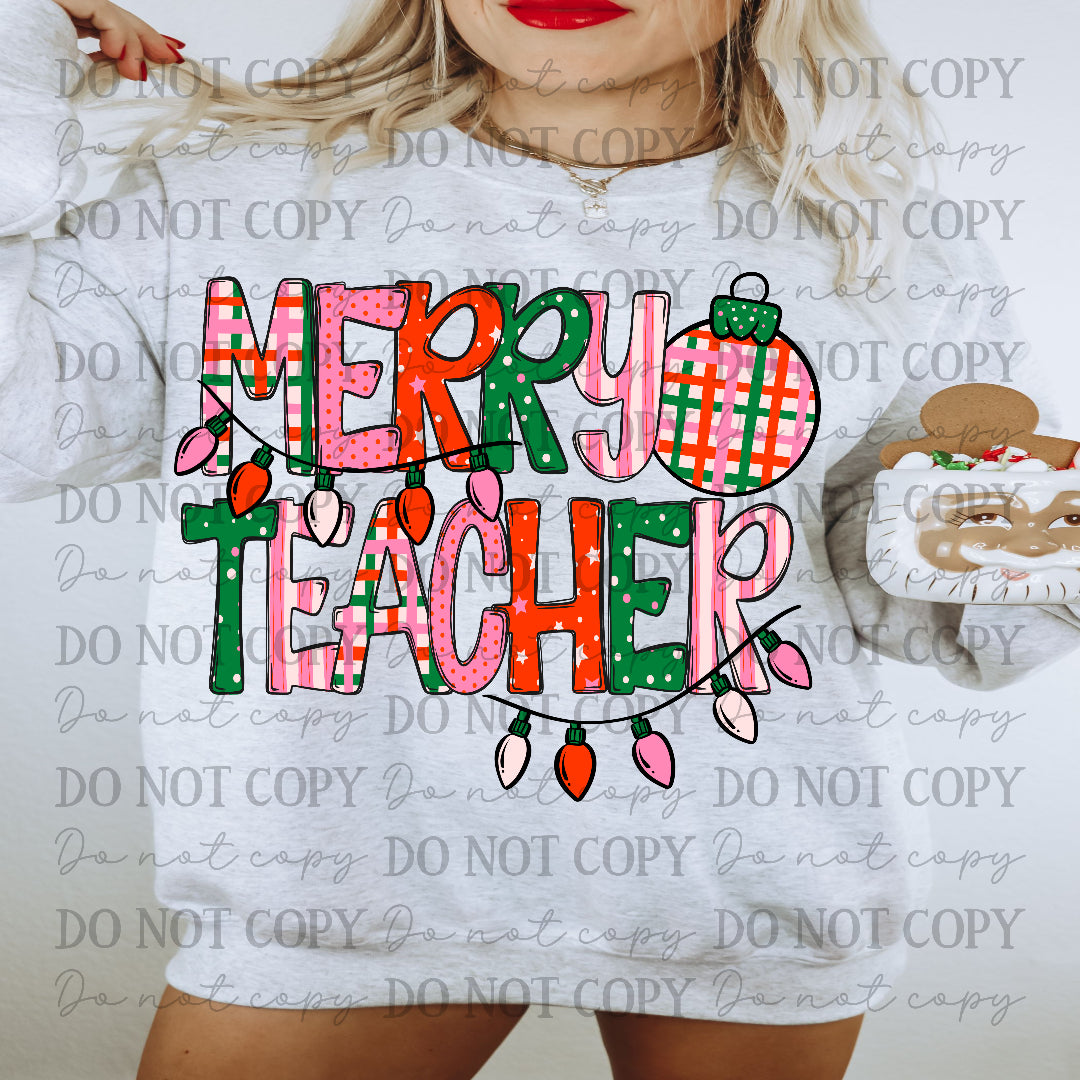 Merry Teacher- with plaid ornament and lights- pink, red and green font (Carter) DTF Transfer