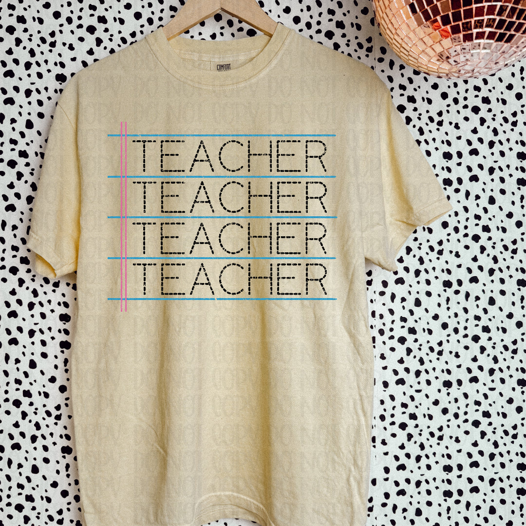 Teacher stacked on notebook paper (Scarlow) DTF transfer