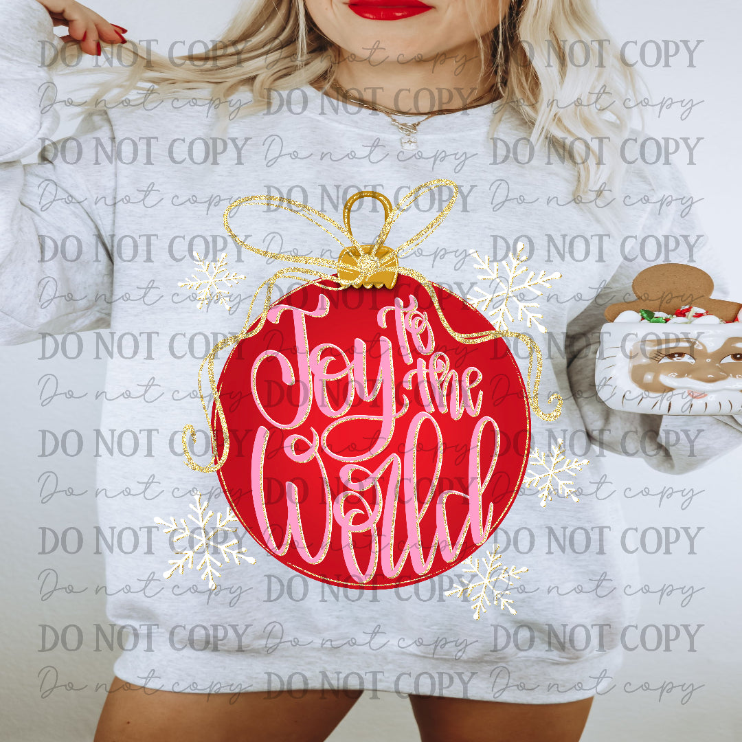 Joy to the world RED ornament with gold bow (Carter) DTF Transfer