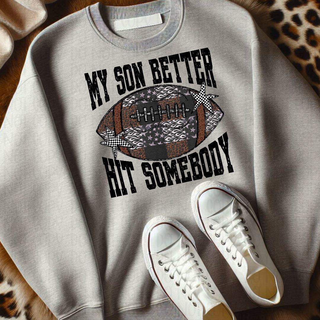 My son better hit somebody cheetah flames stars and black patchwork football (Texan) DTF Transfer