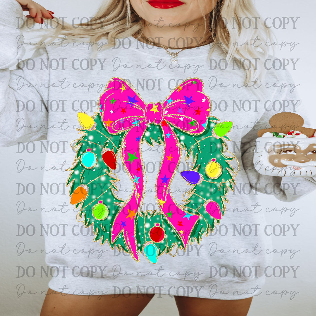 Christmas Wreath with large pink bow and GLITTER outline (Carter) DTF Transfer