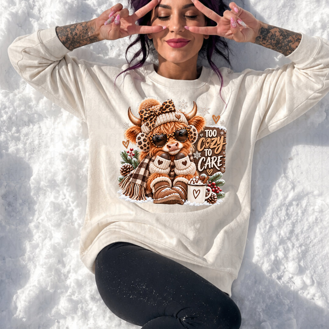 Too cozy to care highland cow beanie and leopard bow DTF Transfer
