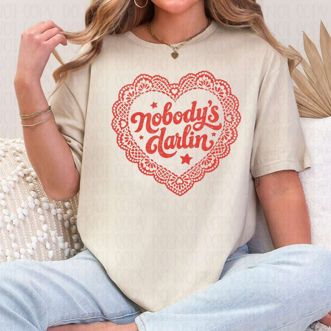 Nobody's darling faux lace trimmed heart red (Scarlow) DTF Transfer