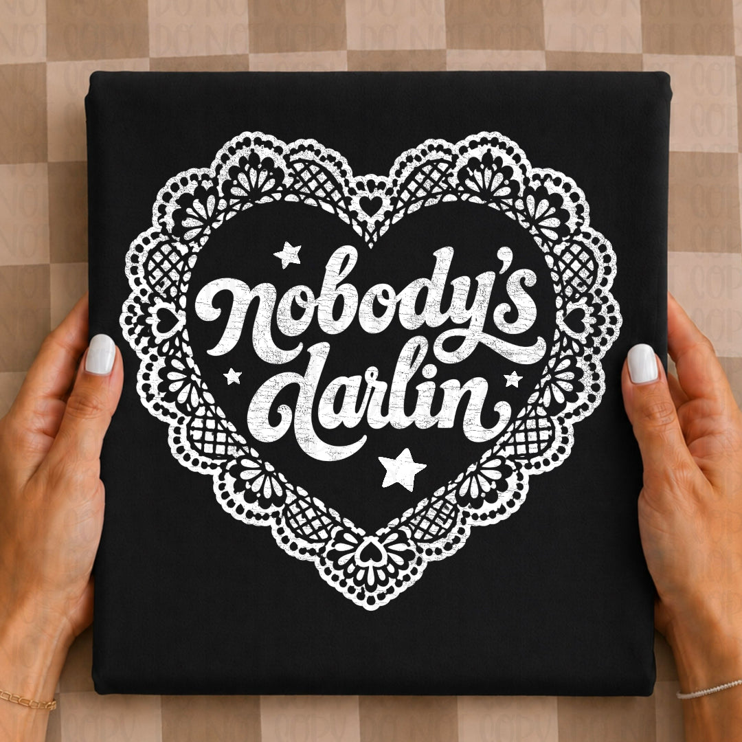 Nobody's darling faux lace trimmed heart white (Scarlow) DTF Transfer